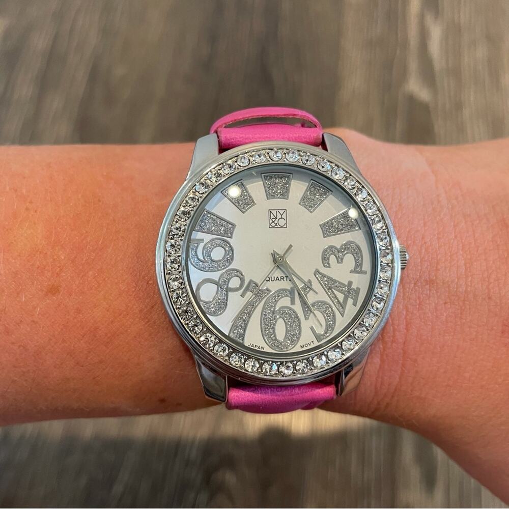 NY&CO Bright Pink Leather Band Watch w/ Rhinestone Face
